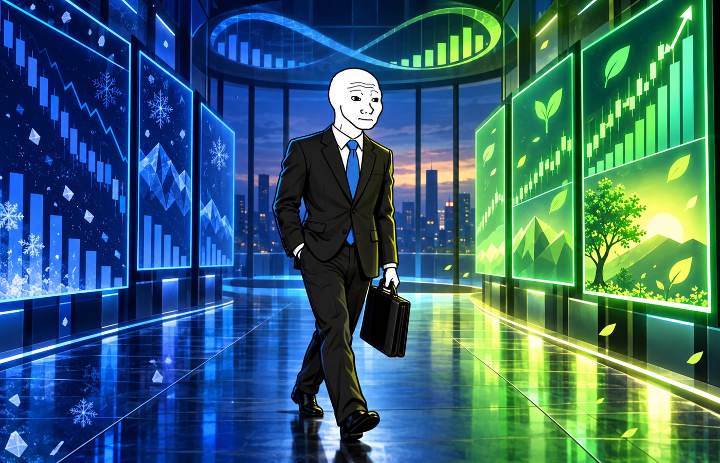 Wojak crossing from a cold market season into a glowing green spring