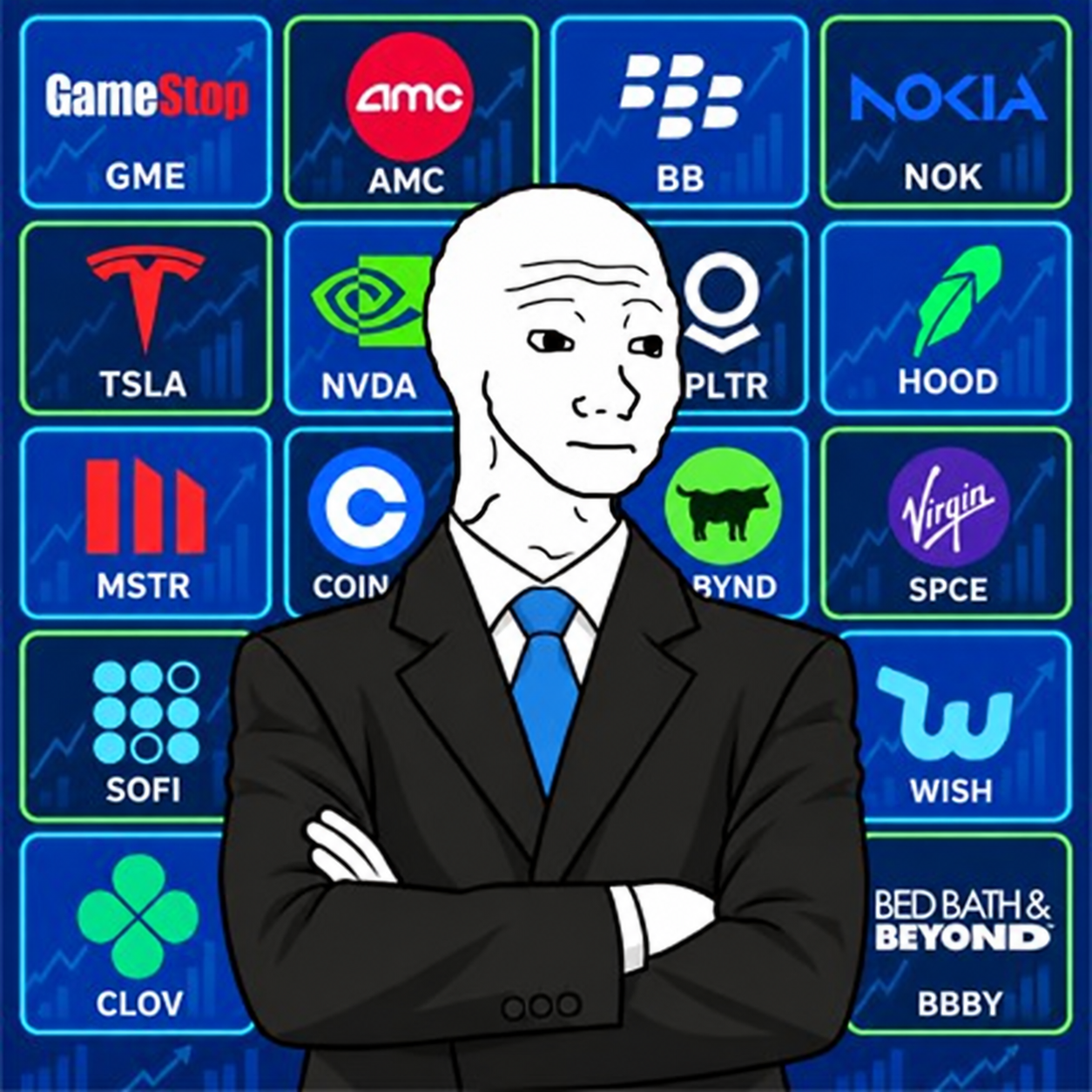 Wojak in a black suit before a wall of market tiles